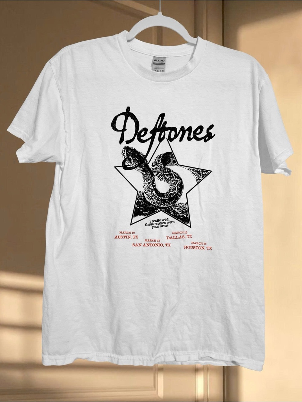 Gildan White Deftones Graphic Tee with Black & Red Print